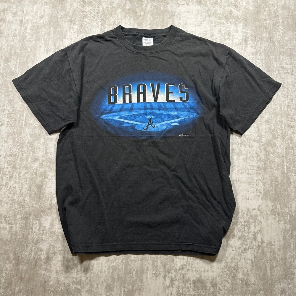 Vintage Atlanta Braves T-Shirt Mens Large Black 2002 Graphic Baseball